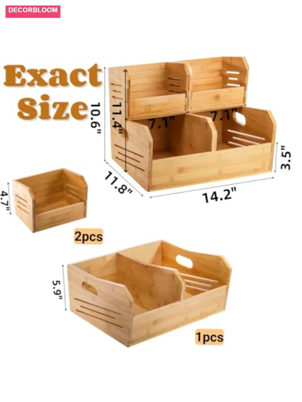Bamboo Stackable Storage Bins 4 Compartment Pantry Organizer Set